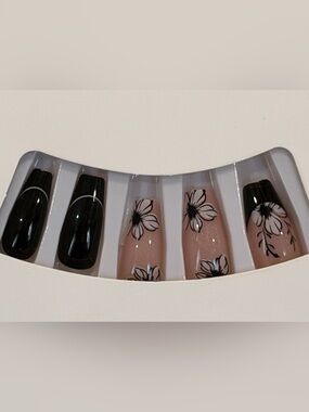 Black Floral French Tip Press On Nails | Nude Daisy Coffin Nails Goth Coquette